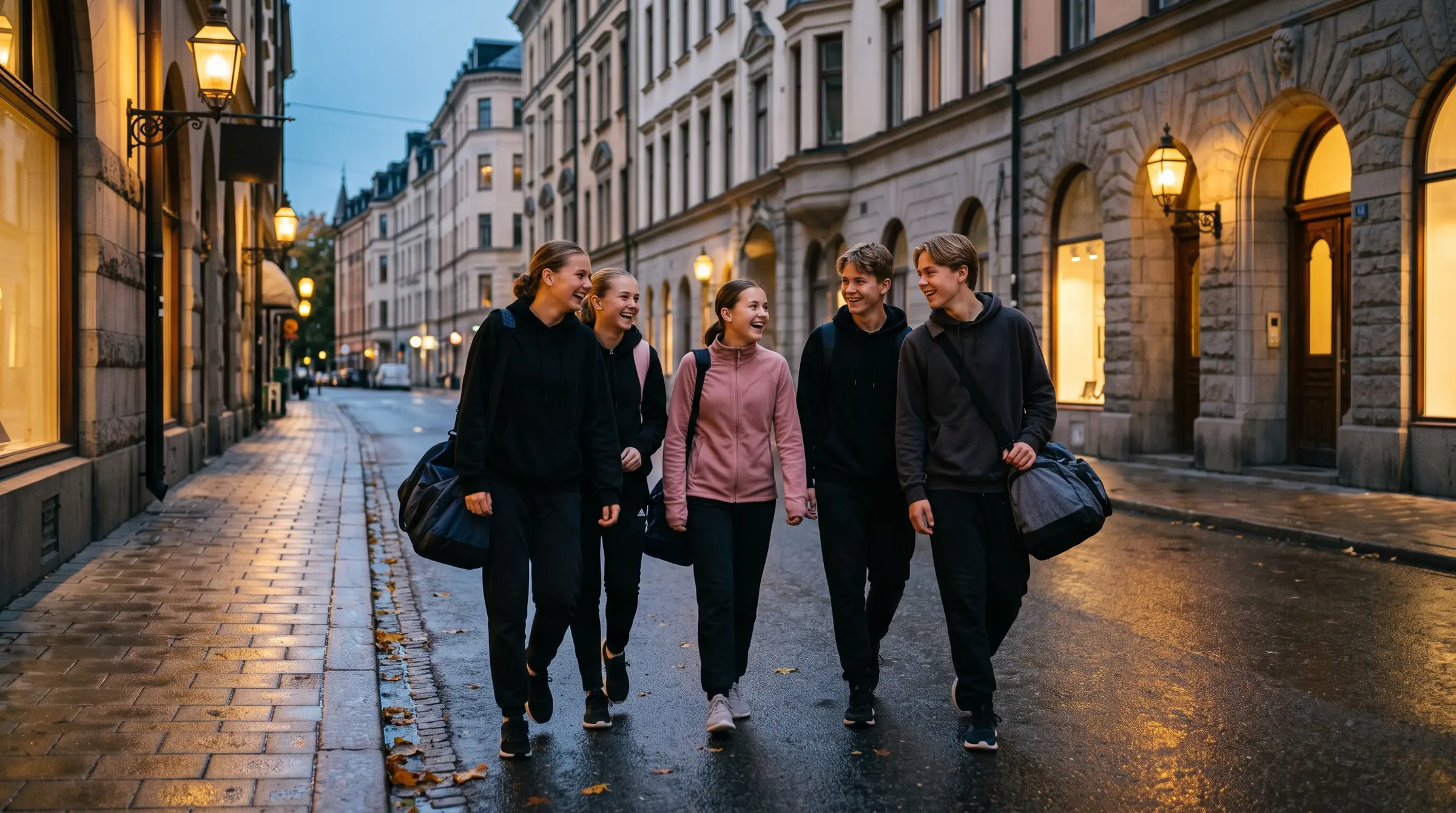 Fem kompisar i hoodies går och skrattar på en Stockholmsgata en höstkväll, med gymväskor över axeln.