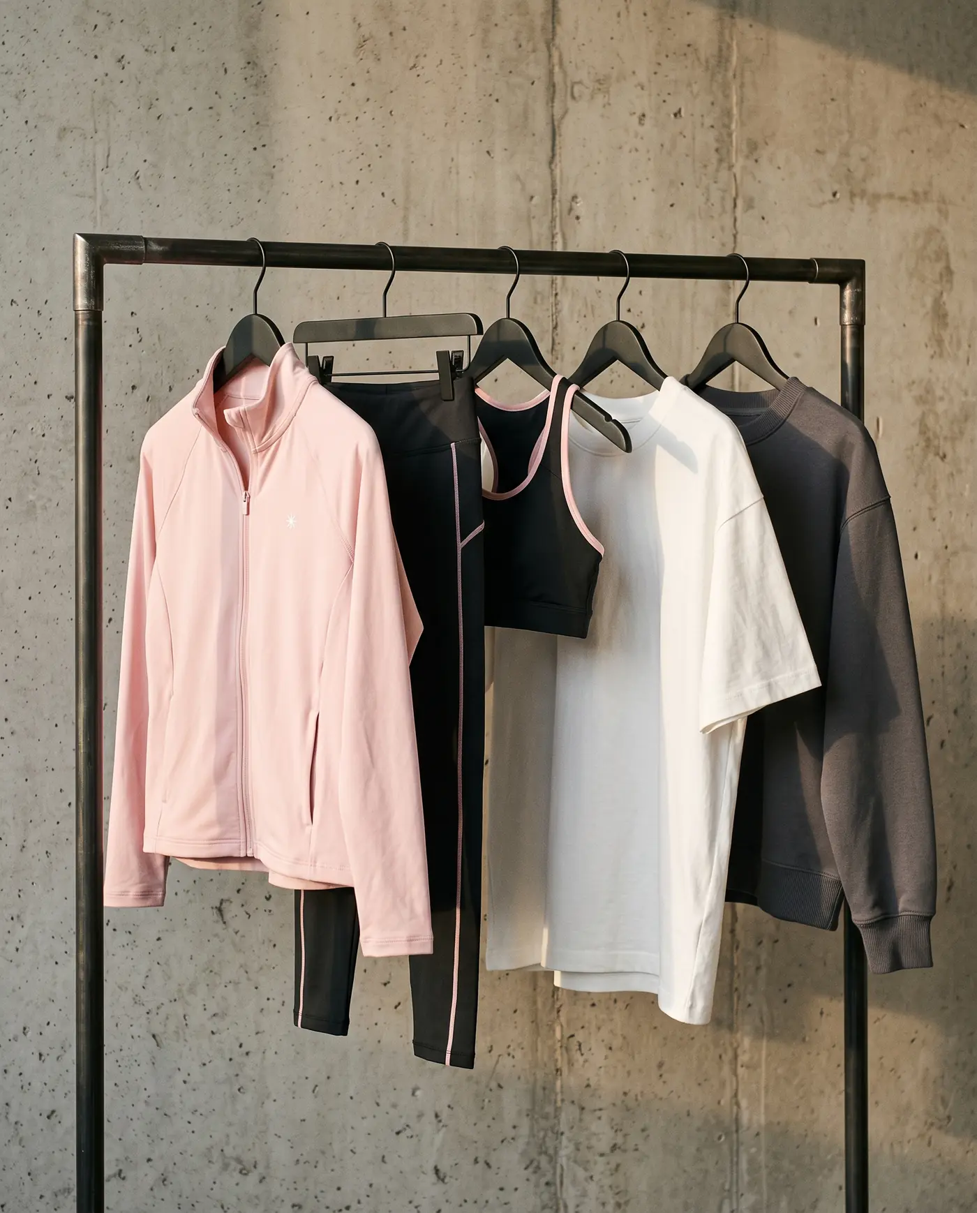 Klädställning med rosa träningsjacka, leggings med rosa söm, sport-bh, vit t-shirt och grafitgrå tröja.
